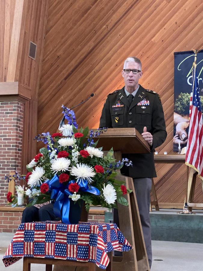 Lt. Col. Derek Baird, class of 96, speaks at the Veterans Day Observance Ceremony in Vaughan Chapel. 