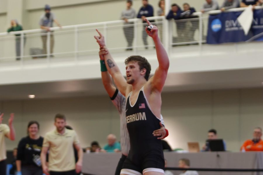Braden Homsey, senior, celebrates after qualifying for the national tournament to be held this weekend at the Berglund Center in Roanoke.