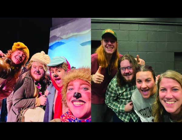 On left, from left, the Frogtown Hollow Jug Band Jubilee consists of Wendell Porcupine, Charlie Muskrat, Emmet Otter, and Harvey Beaver. In the photo on the right is the band without the make-up. They are from left, Django Burgess, freshman; Stewart Werner, junior; Emily Walker, junior; and Rachel Blankenship-Tucker, assistant director.