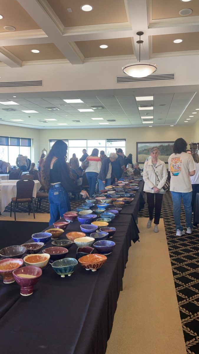 Almost 600 bowls line the entrance of the Blue Ridge Mountain Room for the Empty Bowls event as attendees decide just which one to take home. 