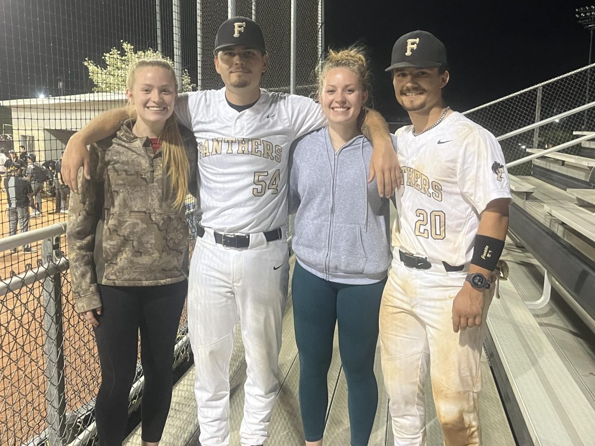 From left to right: Jaycee Chaffin, junior; Wyatt Chaffin, junior; Kenzee Chaffin, junior; Gus Chaffin, sophomore; stand in the bleachers after a baseball game.