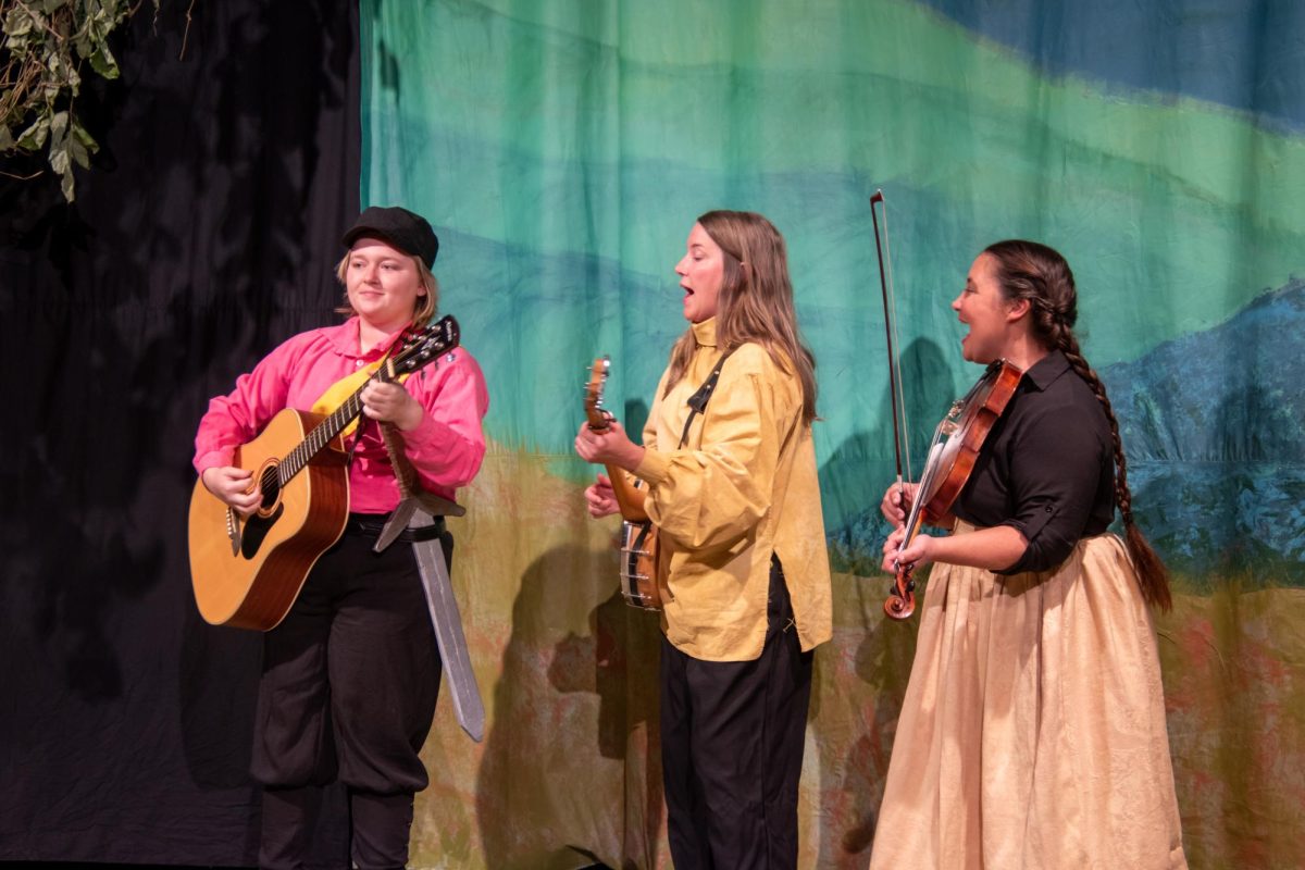 From left, sophomore Ahna Tyree, Bluegrass Brass Creative Director Rachel Blankenship-Tucker, and Theatre Arts Professor Emily Blankenship-Tucker perform "Twelfth Night: Or What You Will."