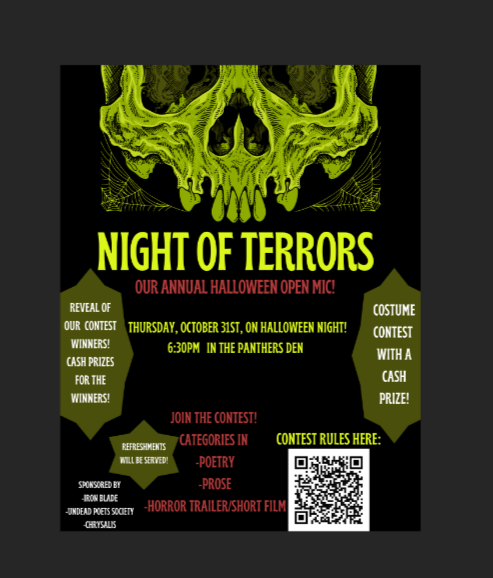 The Night of Terrors flyer can be found across campus and online, promoting the event and encouraging students to sign up. Interested participants may use the QR code to sign up.