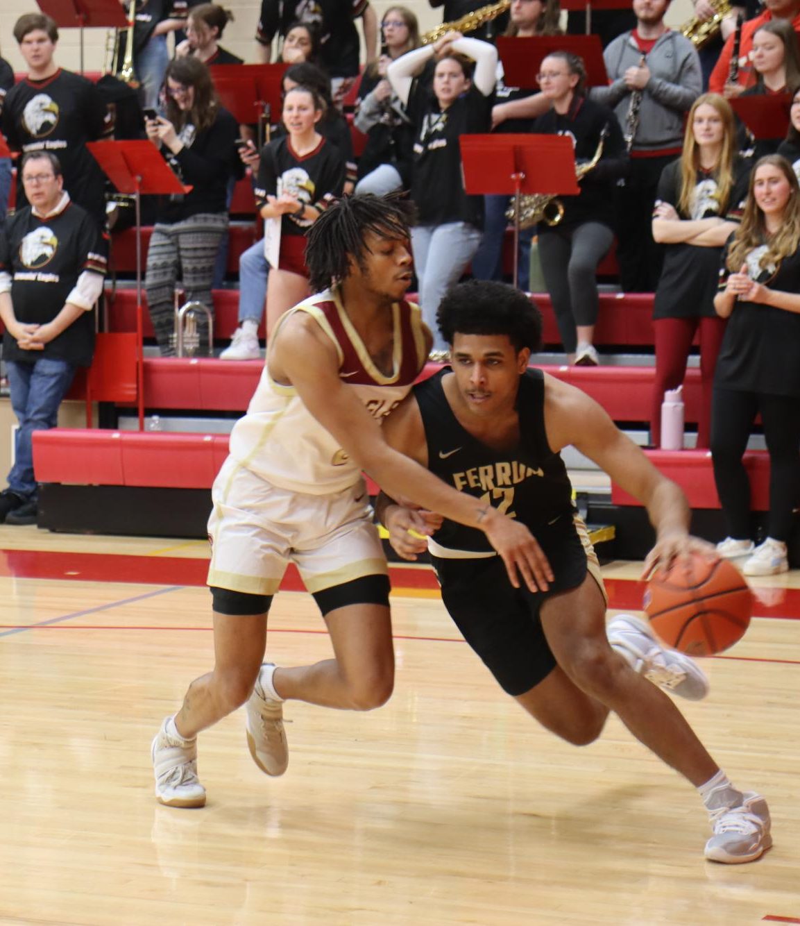 Alfredo Abel-Rivera, junior, drives the ball inside against a Bridgewater opponent in last year's ODAC tournament.