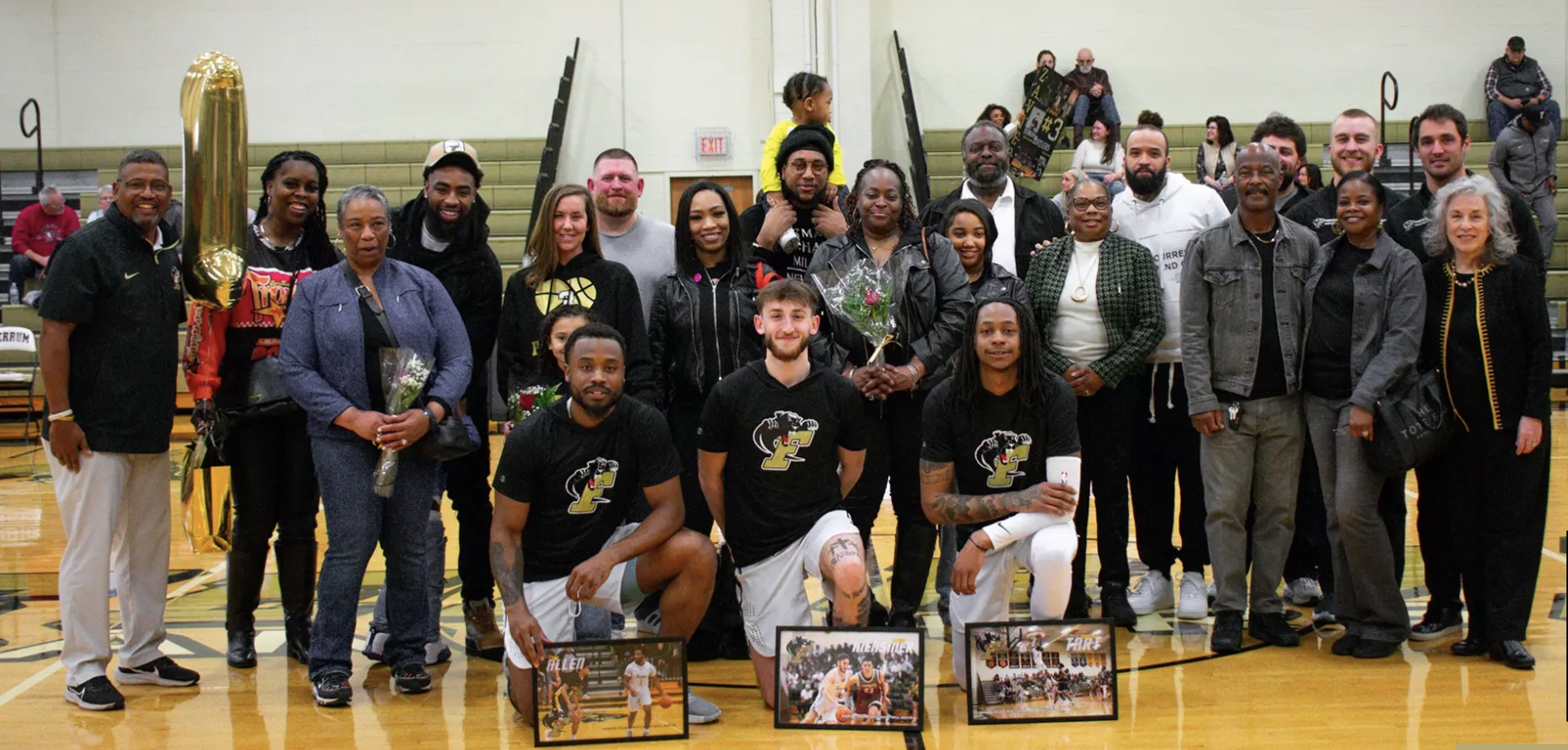 From left, seniors Tae Allen, Zavier Measmer, and Charles Tart III were recognized with family, friends, coaches, and staff prior to the Panthers 90-52 win against Bridgewater.