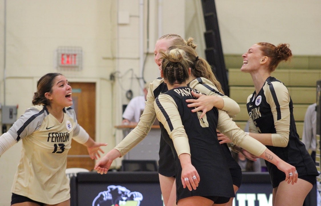 Junior Daniela Castillo, junior Catherine Bennette, sophomore Harleigh Propst, senior Kalee Bunn, and junior Makayla Rumley celebrate after a kill.