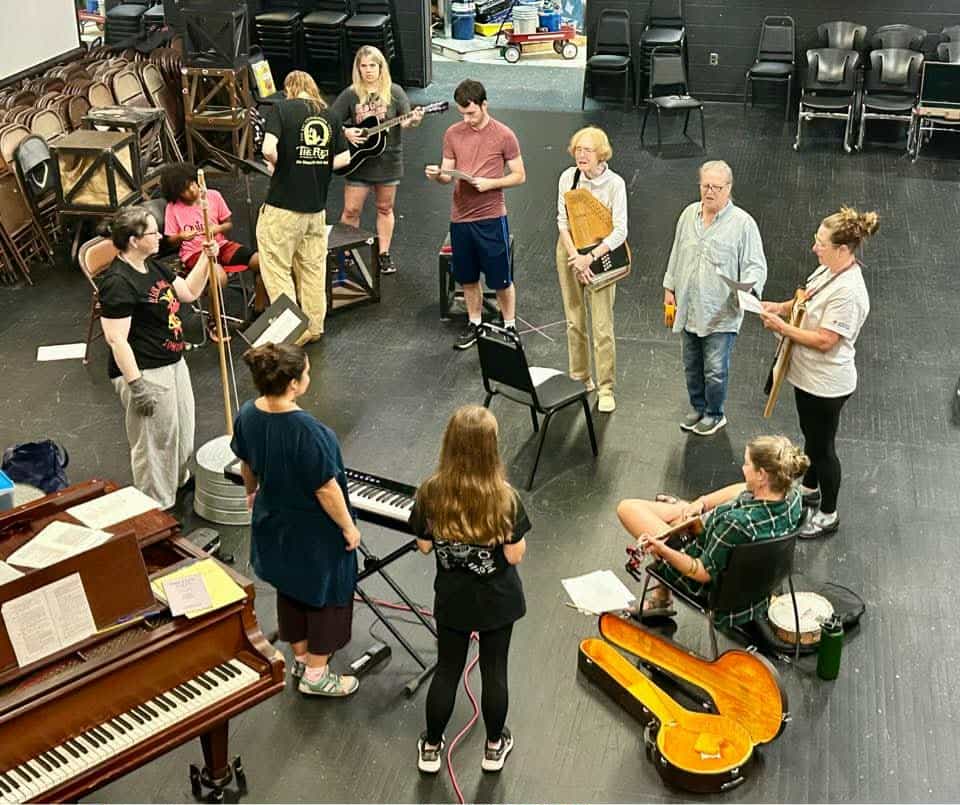 Jack Tales members rehearse tin the Rex Theatre for their upcoming shows.