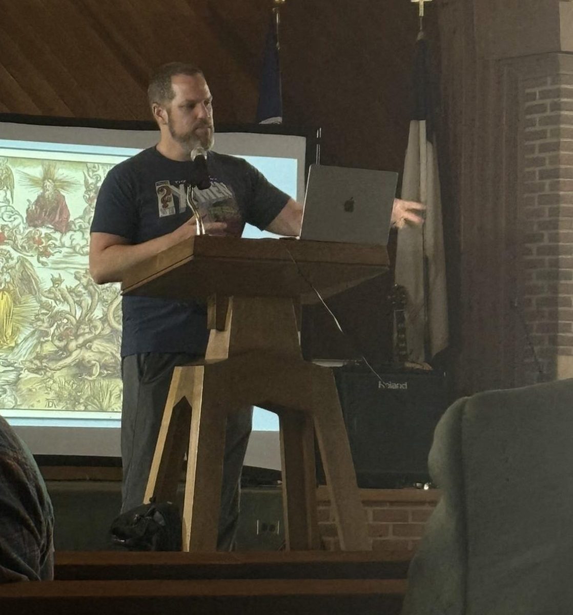 Dan McClellan speaks during his lecture in Vaughn Chapel on the Ferrum Campus.