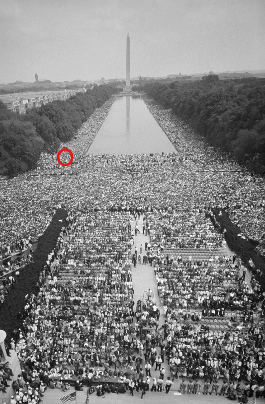 An estimated 250,000 Americans marched Washington D.C. in peaceful protest for racial equality on Aug. 18, 1963. In the red circle stands 18-year-old Melvin Macklin.