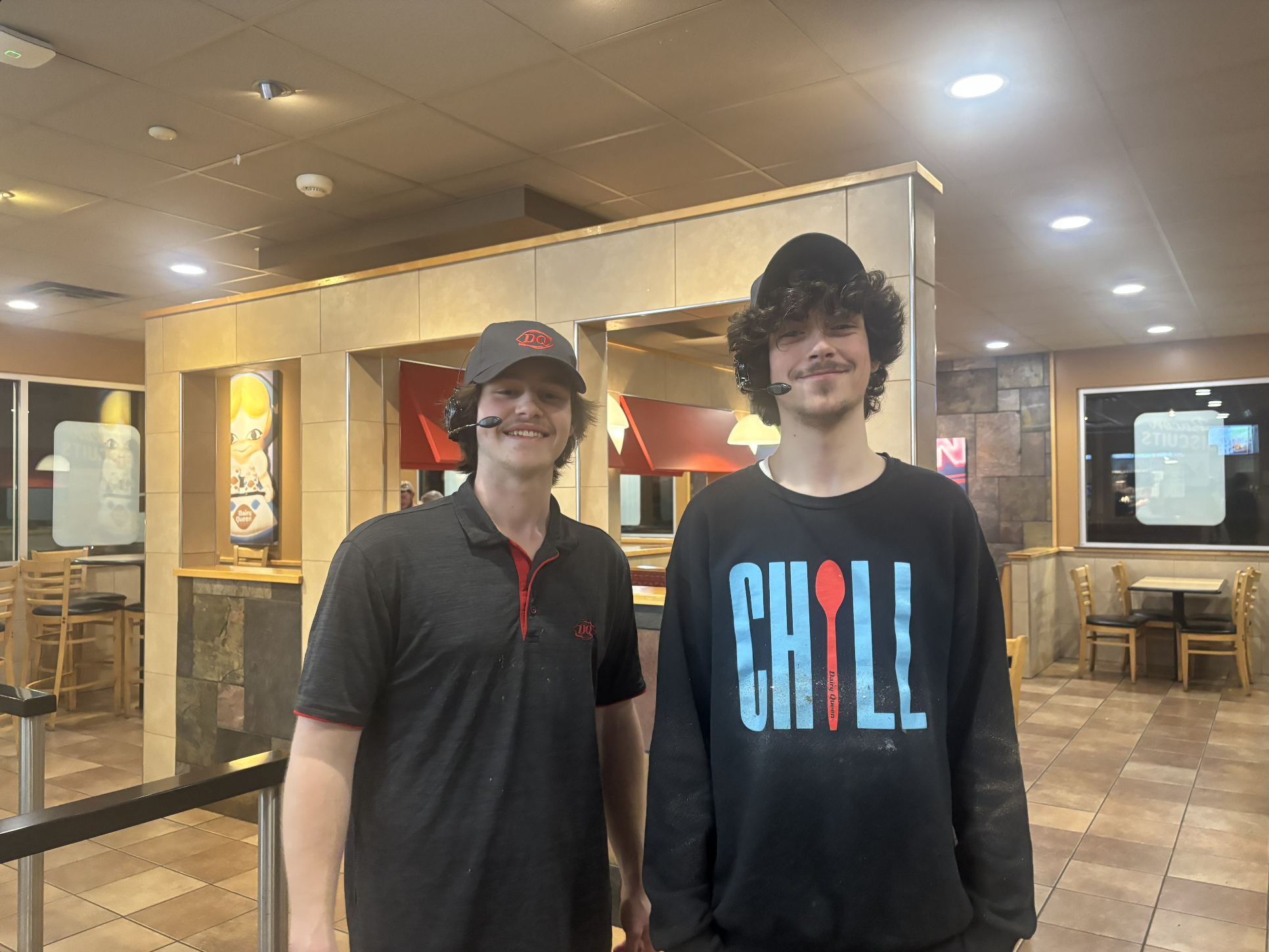 Sophomores Owen Stone and Gess Gallien take a moment after clocking in at Dairy Queen in Ferrum.