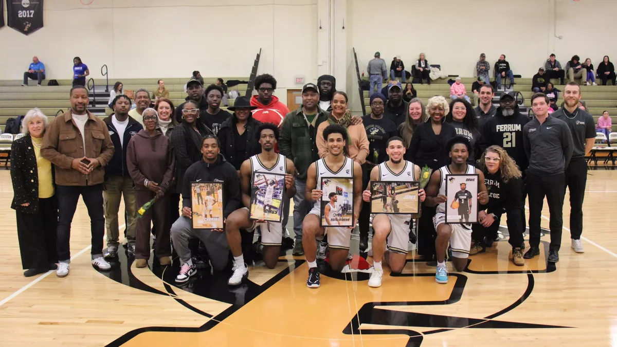 Ferrum's five seniors, from Left to Right, Sterling Charles, Abdulh Diaby, Alfredo Abel-Rivera, Gerren Jones, and Eden Davis, receive a gift from the school and coaching staff. 