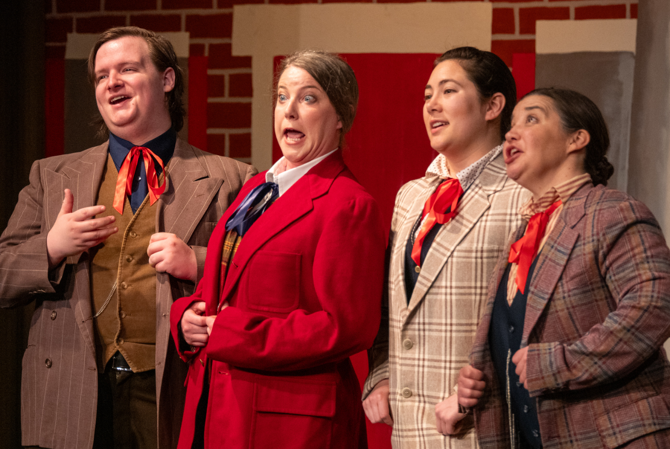 From left, Gage Shelton, Rachel Blankenship-Tucker, Sophia Fonseca, and Emily Blankenship-Tucker harmonize together as a barbershop quartet during The Music Man.